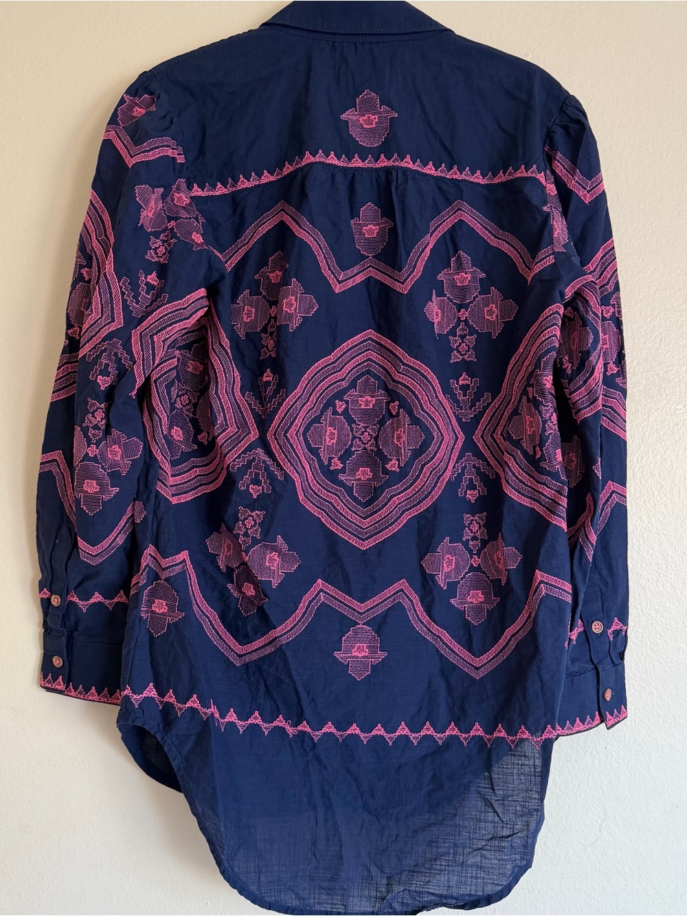 Anthropologie Navy Pink Geometric Embroidered Woven Boho Button-Down Blouse XS - Picture 4 of 10